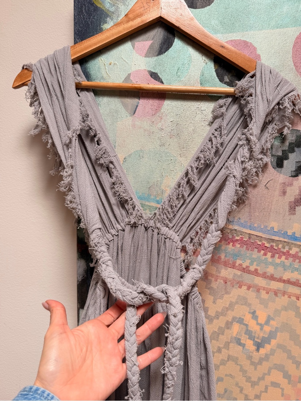 Ilaria Mexico Caftan Wrap Dress Coverup Raw Cotton Voile Gray Blue One Size - Picture 10 of 13